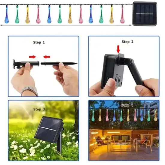 PowerMaster PM-29077 8 Modlu Solar 5M Renkli Su Damlası LED Zinciri - Su Geçirmez Bahçe ve Balkon Aydınlatması resmi