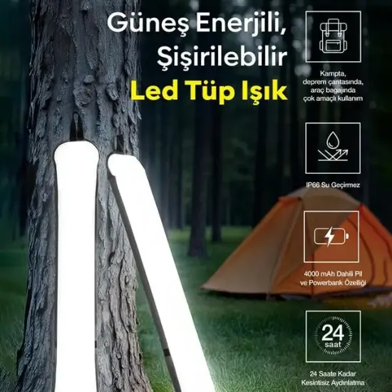 ZMR ZMR-385 Katlanır Şişirilebilir Beyaz Ledli Aydınlatma Tüpü USB Ve Güneş Enerjisi Şarjlı Armatür resmi