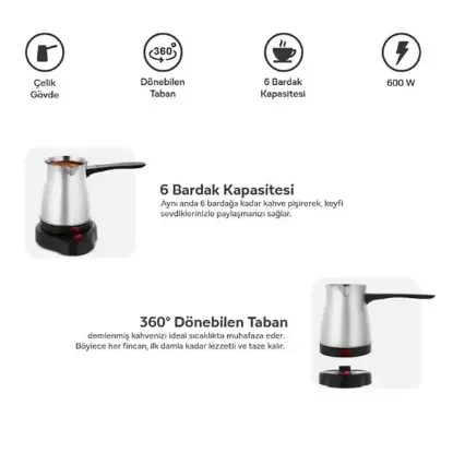 Crown CRW-7104 600W 6 Fincan Elektrikli Türk Kahve Makinesi Paslanmaz Çelik Inox Cezve AC220V resmi