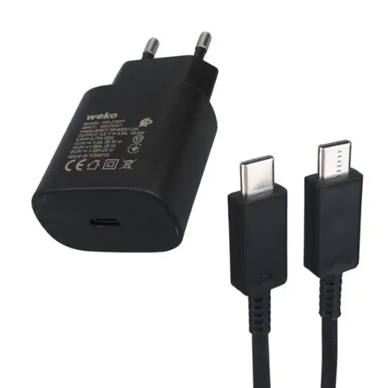 Weko WK-27877 Note10 Siyah 25 Watt Şarj Başlık Adaptörü + Type-C To Type-C Kablo resmi