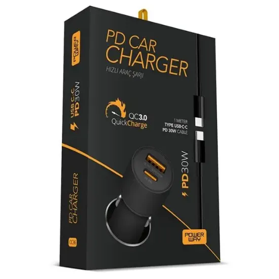 Powerway CC36 30W PD + QC 3.0 Çift Çıkışlı Metal Araç Çakmaklık Hızlı Şarj Kablolu Set resmi