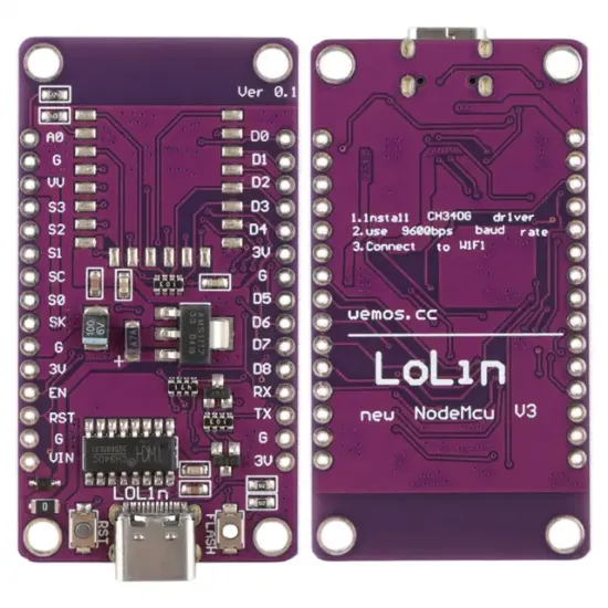 ESP8266 NodeMCU V3 Lolipop Mor Geliştirme Kartı CH340 USB-C Bağlantılı Proje Modülü resmi