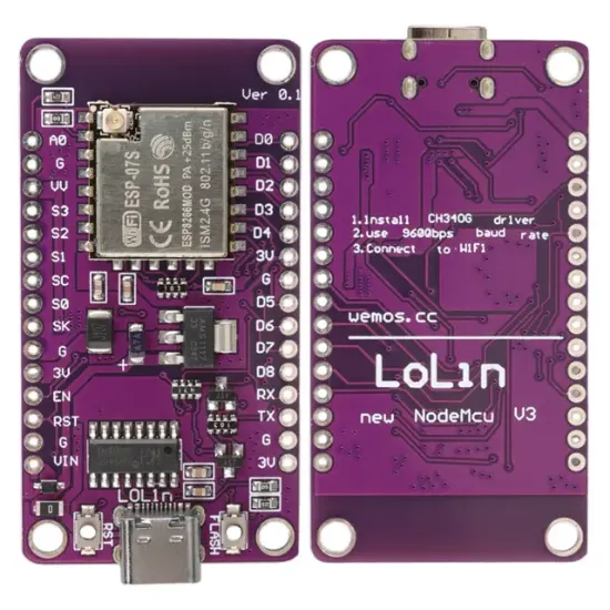 ESP-07S Tabanlı NodeMCU V3 Mor Geliştirme Kartı Harici Anten Girişli ve USB-C Bağlantılı resmi