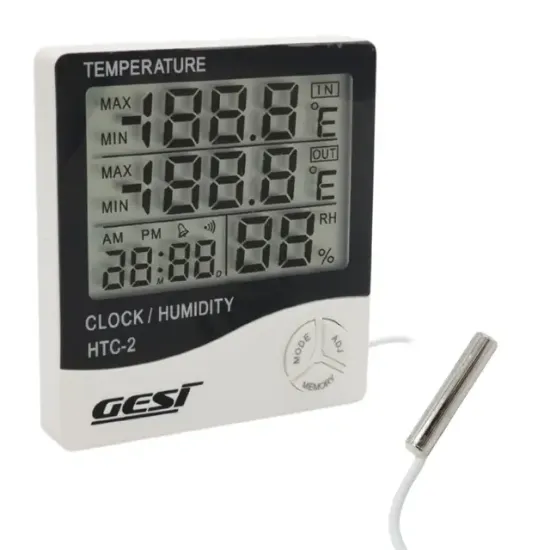 Gesi HTC-2 Dijital Ekranlı Isı ve Nem Ölçer Saat Alarm Dış Mekan Problu Termometre resmi