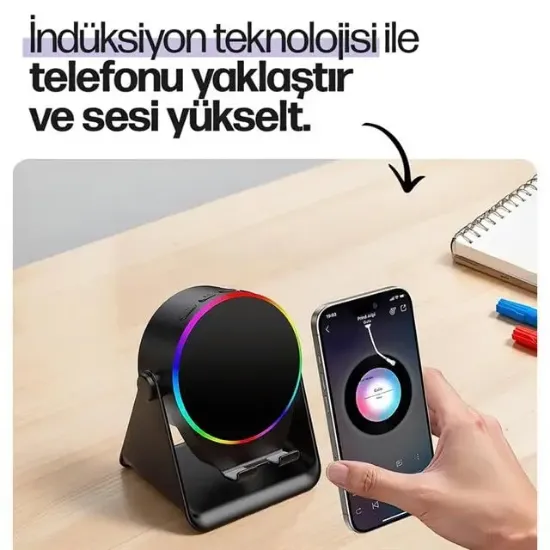 Enkado EKD-S10 5W İndüksiyonlu Bluetooth Hoparlör Ses Yükselten 2000mAh RGB Işıklı Standlı Speaker resmi