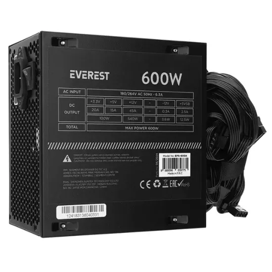 Everest EPS-600A Real 600W 4*SATA 12cm Fanlı Oyuncu PC Destekli Power Supply PSU resmi