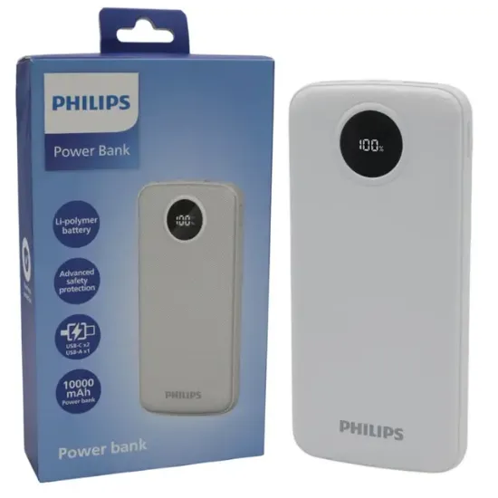 Philips DLP7712CB 10.000mAh PD Hızlı Şarj Dijital Ekranlı Beyaz Powerbank resmi