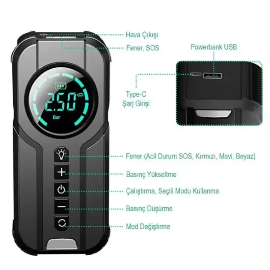Buwei BW-29879 Powerbank Araç Akü Şarj Lastik Hava Kompresörü Şişirici Taşınabilir Dijital Kablosuz El Feneri resmi