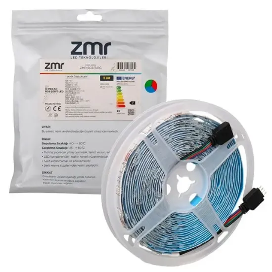 ZMR ZMR-603 RGB 12 Volt 3 Çipli 5050 İç Mekan Silikonsuz 60 Led 5 Metre Şerit Led resmi