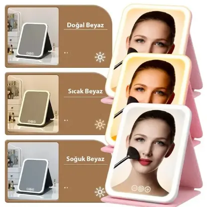 Powermaster PM-27373 Işıklı Profesyonel Makyaj Aynası 3 Renk Modlu Şarjlı Katlanabilir resmi