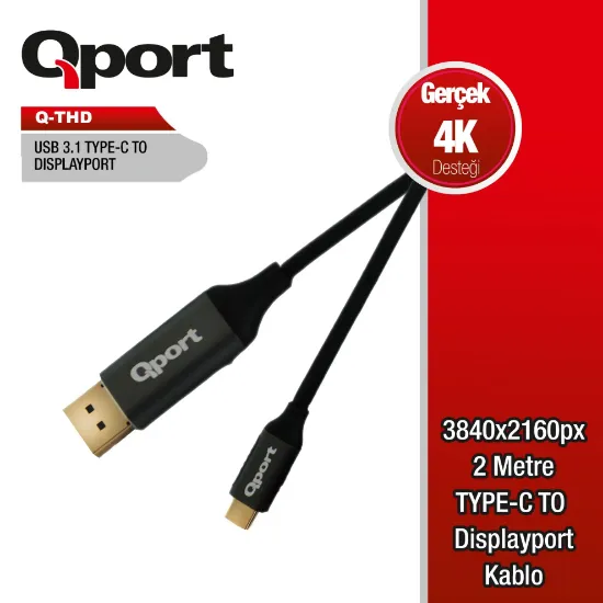 QPORT Q-THD TYPE-C TO DISPLAY PORT 4K 2MT CEVIRICI KABLO resmi