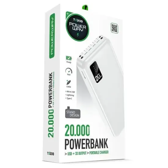 Powerway TX209 20.000mAh Kablolu Dijital Göstergeli Fenerli Powerbank Dahili Telefon Stand (MİCRO - TYPE C - LİGHTNİNG) resmi