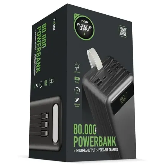 Powerway TX80 80.000mAh Kablolu Dijital Göstergeli Gerçek Fener Işıklı Kamp Siyah Powerbank resmi