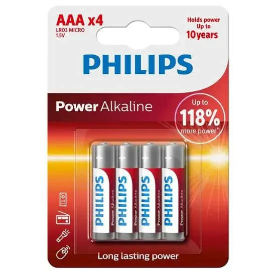 Philips Power Alkaline AAA LR03 1.5V İnce Kalem Pil 4'lü Paket (LR03P4B/10) resmi