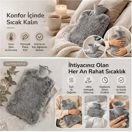 Sunup SN-29909 Peluş Kılıflı Yumuşak Dokulu 30 Cm 2000 Ml Kapasiteli Sıcak Su Torbası resmi