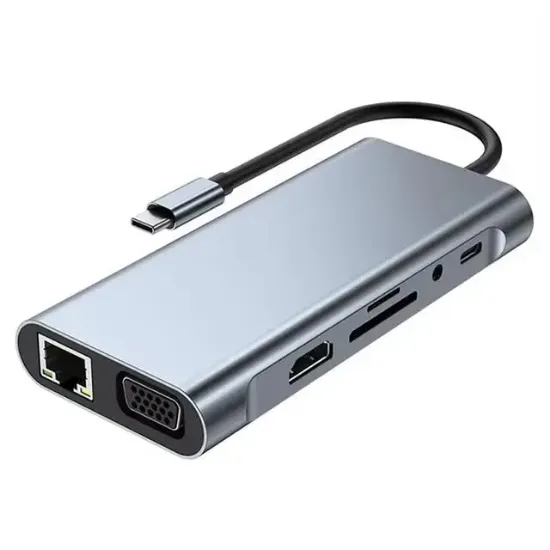 PowerMaster PM-19259 Type-C to HDMI 10in1 Çok Fonksiyonlu Çevirici Adaptör - 4K HDMI, VGA, RJ45, USB, Kart Okuyucu, Hızlı Şarj resmi