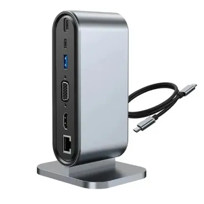PowerMaster PM-21813 Type-C TO 12 Port Hub USB/Ethernet/HDMI/VGA/SD/TF Kart Okuyucu Dönüştürücü Çoğaltıcı Laptop PC Macbook Dock Station resmi