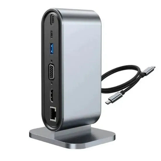 PowerMaster PM-21813 Type-C TO 12 Port Hub USB/Ethernet/HDMI/VGA/SD/TF Kart Okuyucu Dönüştürücü Çoğaltıcı Laptop PC Macbook Dock Station resmi