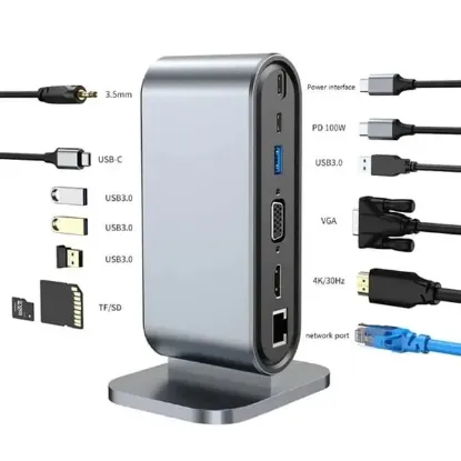 PowerMaster PM-21813 Type-C TO 12 Port Hub USB/Ethernet/HDMI/VGA/SD/TF Kart Okuyucu Dönüştürücü Çoğaltıcı Laptop PC Macbook Dock Station resmi