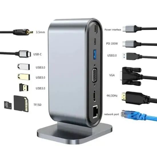 PowerMaster PM-21813 Type-C TO 12 Port Hub USB/Ethernet/HDMI/VGA/SD/TF Kart Okuyucu Dönüştürücü Çoğaltıcı Laptop PC Macbook Dock Station resmi