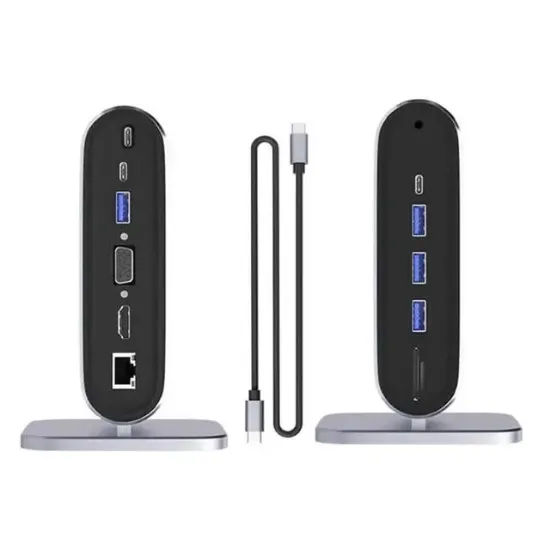 PowerMaster PM-21813 Type-C TO 12 Port Hub USB/Ethernet/HDMI/VGA/SD/TF Kart Okuyucu Dönüştürücü Çoğaltıcı Laptop PC Macbook Dock Station resmi