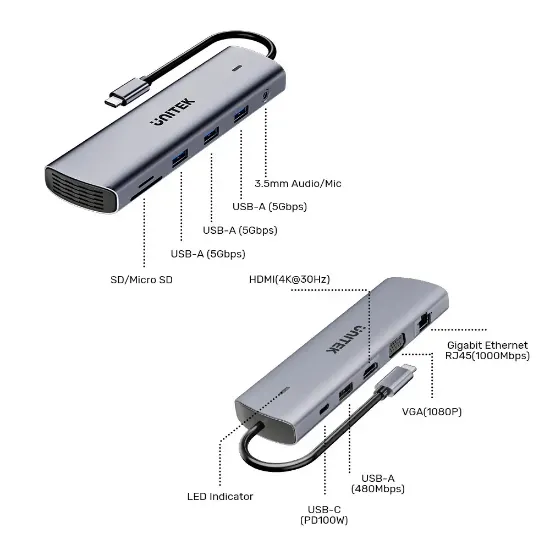 UNITEK UHUB U11+ 11-IN-1 USB-C HUB (D1113BGY01) resmi