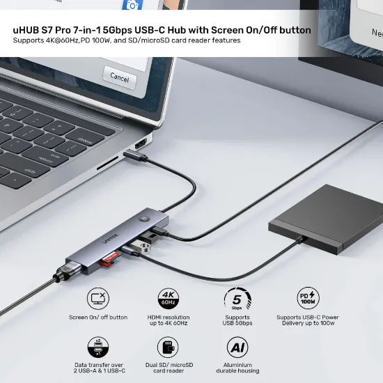 UNITEK UHUB S7 PRO 7-IN-1 5GBPS USB-C HUB (H1124AGY01) resmi