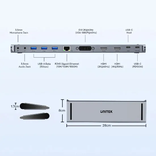 UNITEK UHUB11+ USB-C DISPLAYLINK 4K BAGLANTI ISTASYONU (D1147AGY01) resmi