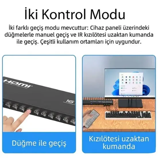 Powermaster HK1601 16 Port 4K 30HZ Video HDMI 2.0 Kvm Anahtarlı Kablolu Switch resmi