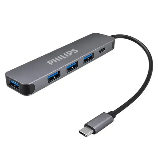 Philips SWR1607K/93 USB-C 5'i 1 Arada Hub Çoklayıcı - 4 Port USB 3.0 + 60W PD Hızlı Şarj Destekli resmi