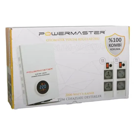 Powermaster SLIM-2000 Otomatik 2000VA Kombi Voltaj Regülatörü (İngiliz Fişli ve Evrensel Çoklu Soketli) resmi