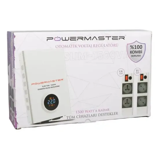 Powermaster SLIM-1500 Otomatik 1500VA Kombi Voltaj Regülatörü (İngiliz Fişli ve Evrensel Çoklu Soketli) resmi