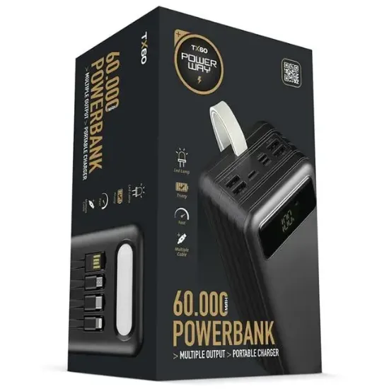 Powerway TX60 Siyah 60000 Mah Çoklu Çıkış Dijital Göstergeli Ekstra Kablolu Powerbank resmi