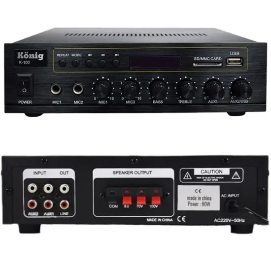 König K-100 USB-SD-Bluetooth Destekli 2 Mik. Giriş 8 Ohm 100/70v 80 Watt Trafolu Anfi resmi