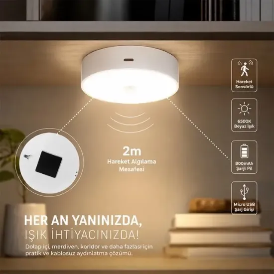 Powermaster MX-T06 Hareket Sensörlü Şarjlı 6500K Dolap İçi LED Aydınlatma Lambası Akıllı Gece Lambası resmi