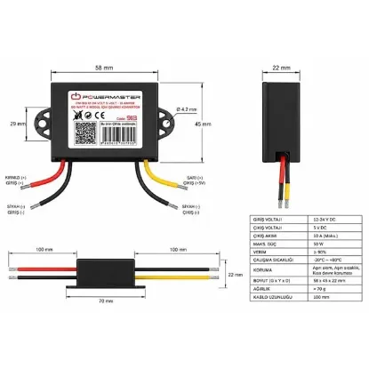Powermaster PM-9113 12-24V Giriş 5V 10A 50W DC-DC Voltaj Düşürücü Çevirici Konvertör resmi