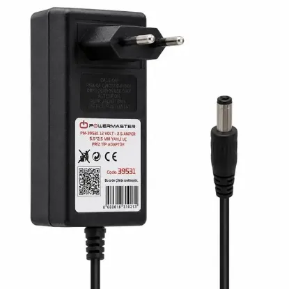 Powermaster PM-39531 Siyah 12 Volt - 2.5 Amper Plastik Kasa 5.5*2.5 Mm Yaylı Uç Priz Tipi Adaptör resmi