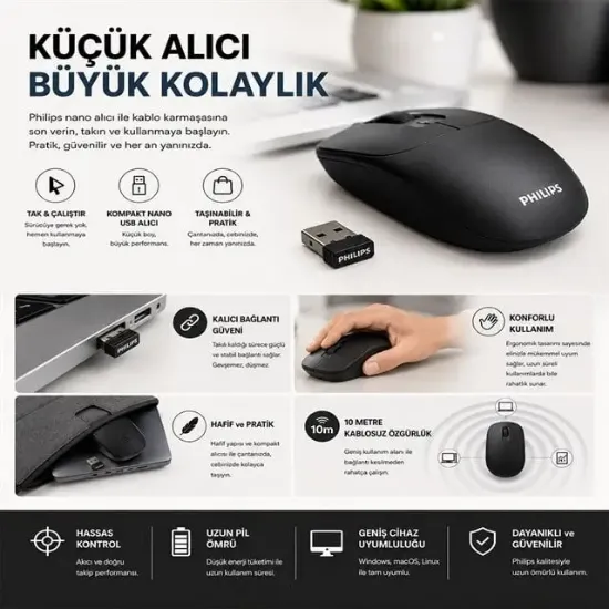 Philips SPK7398B/38 1600 DPI Sessiz Tıklama Siyah Kablosuz Ofis Mouse resmi