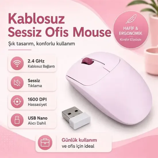 Philips SPK7398P 1600 DPI Sessiz Tıklama Pembe Kablosuz Ofis Mouse resmi