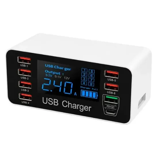 Powermaster PM-26057 8 Portlu LCD Ekranlı Akıllı USB ve Type-C PD Şarj İstasyonu resmi