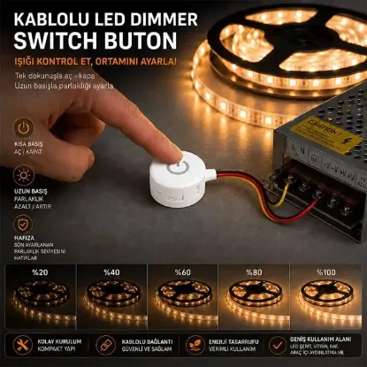 Powermaster PM-30775 5V 13 mm Kablolu Beyaz LED Dimmer Switch Buton resmi