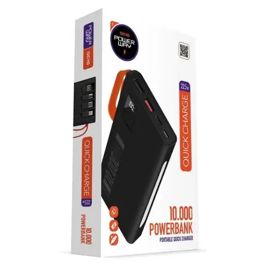 Powerway QC10-PD 10.000 mAh Dahili Kablolu ve Fenerli Hızlı Şarj Power Bank resmi