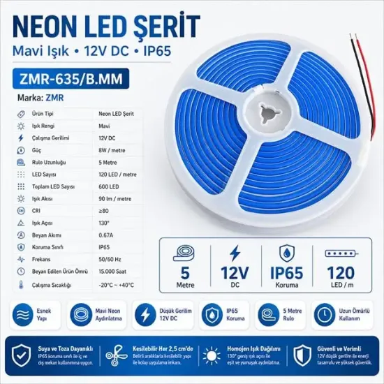 ZMR ZMR-635/B.MM Neon LED Şerit Mavi 12 Volt 120 LED'li 5 Metre resmi