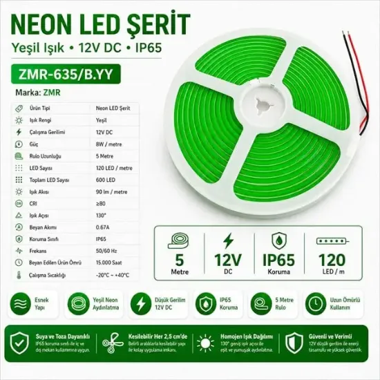 ZMR ZMR-635/B.YY Neon LED Şerit Yeşil 12 Volt 120 LED'li 5 Metre resmi