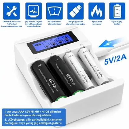 X-LEVEL CH1-201AL 4 Yuvalı LCD Ekranlı Akıllı AA/AAA Ni-MH Hızlı Pil Şarj Cihazı resmi