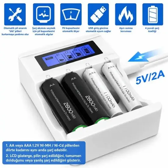 X-LEVEL CH1-201AL 4 Yuvalı LCD Ekranlı Akıllı AA/AAA Ni-MH Hızlı Pil Şarj Cihazı resmi