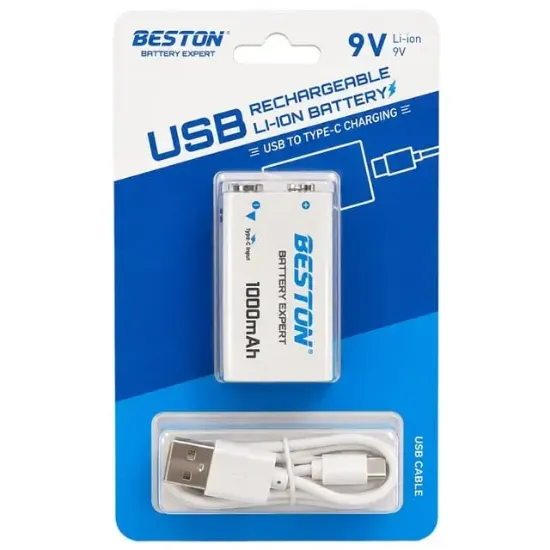 Beston 9VC-10CV 9V 1000mAh Type-C Şarj Edilebilir Li-Ion Lityum Pil ve Şarj Kablosu resmi
