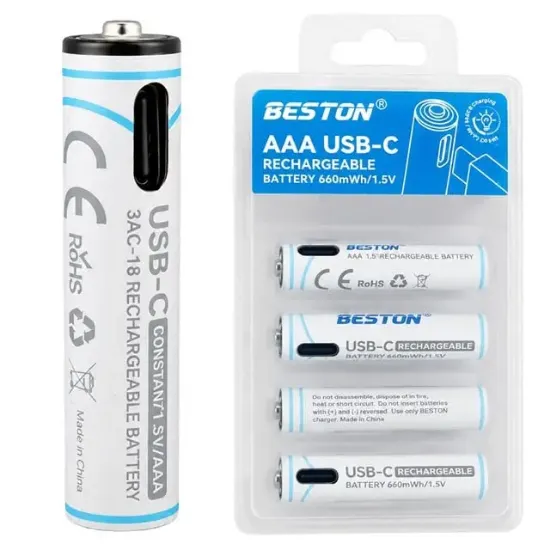 Beston 3AC-18 AAA 1.5V 660mWh Type-C Şarj Edilebilir 4'lü Li-Ion Lityum İnce Pil Seti resmi