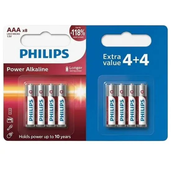 Philips Power Alkaline LR03P8BP/10 1.5V AAA İnce Kalem Pil (4+4) 8'li Paket resmi