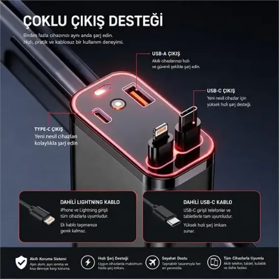Hello HL-29871 Araç Çakmaklık Şarj Cihazı Dahili Çekilebilir Type-C Lightning Çift Kablo Ambiyans Işıklı resmi